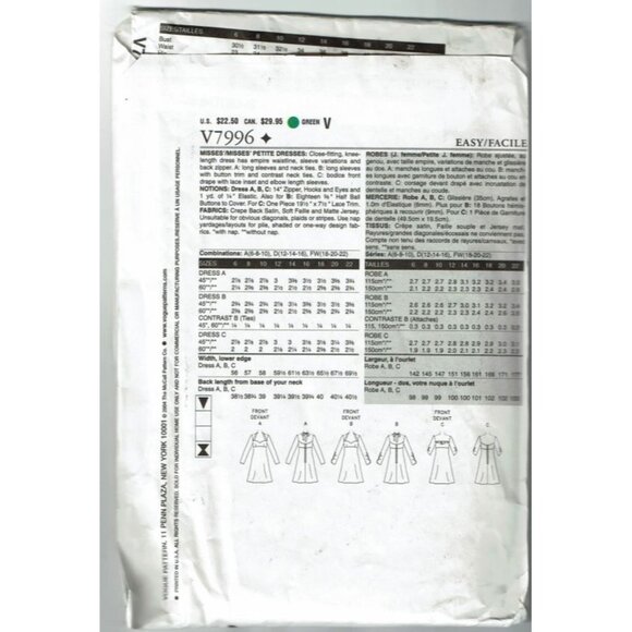 Vogue Sewing Pattern 7996 Dress Womens Petite Size 18-22 - Picture 2 of 2